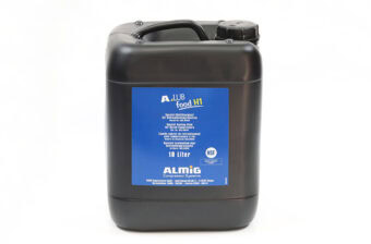 A black 10 liter container of ALMIG lubricant.