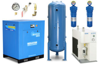 Professional vertical Senator air compressor package featuring a large blue tank, top-mounted motor, and a side-mounted silver refrigerated air dryer.