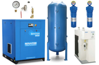 Professional vertical Senator air compressor package featuring a large blue tank, top-mounted motor, and a side-mounted silver refrigerated air dryer.