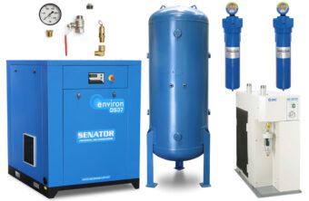Professional vertical Senator air compressor package featuring a large blue tank, top-mounted motor, and a side-mounted silver refrigerated air dryer.