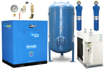 Professional vertical Senator air compressor package featuring a large blue tank, top-mounted motor, and a side-mounted silver refrigerated air dryer.