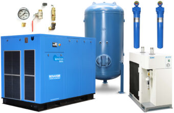 Professional vertical Senator air compressor package featuring a large blue tank, top-mounted motor, and a side-mounted silver refrigerated air dryer.