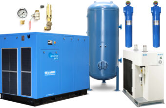 Professional vertical Senator air compressor package featuring a large blue tank, top-mounted motor, and a side-mounted silver refrigerated air dryer.