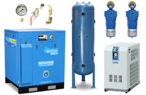 Professional vertical Senator air compressor package featuring a large blue tank, top-mounted motor, and a side-mounted silver refrigerated air dryer.