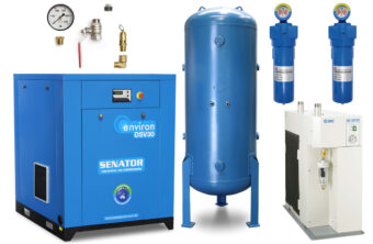 Professional vertical Senator air compressor package featuring a large blue tank, top-mounted motor, and a side-mounted silver refrigerated air dryer.