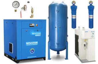 Professional vertical Senator air compressor package featuring a large blue tank, top-mounted motor, and a side-mounted silver refrigerated air dryer.