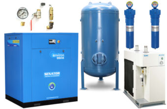 Professional vertical Senator air compressor package featuring a large blue tank, top-mounted motor, and a side-mounted silver refrigerated air dryer.