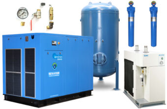 Professional vertical Senator air compressor package featuring a large blue tank, top-mounted motor, and a side-mounted silver refrigerated air dryer.