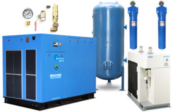Professional vertical Senator air compressor package featuring a large blue tank, top-mounted motor, and a side-mounted silver refrigerated air dryer.