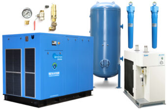 Professional vertical Senator air compressor package featuring a large blue tank, top-mounted motor, and a side-mounted silver refrigerated air dryer.