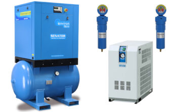 Vertical Senator air compressor featuring a blue tank, top-mounted motor, and an integrated silver refrigerated air dryer.