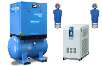 Vertical Senator air compressor featuring a blue tank, top-mounted motor, and an integrated silver refrigerated air dryer.