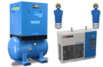 Vertical Senator air compressor featuring a blue tank, top-mounted motor, and an integrated silver refrigerated air dryer.